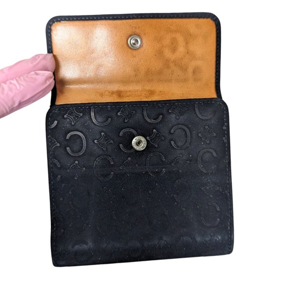 Beautiful Céline Vintage Monogram Black Suede Leather Bi-Fold Snap Wallet M/00/1 - Picture 6 of 14